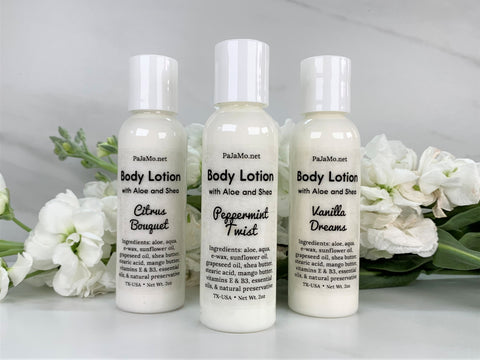 Aloe & Shea Body Lotion 2 oz., Over 20 Essential Oil Scents, All Natural and Organic Ingredients, Travel Size